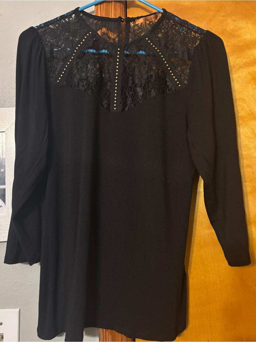 Belldini Black Lace Long Sleeve Top with Stud Accents